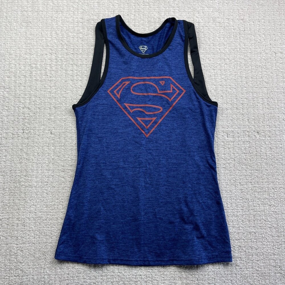 Superman DC Comics Logo Racer Back Active Wear Workout/Yoga Tank Top Wom M Blue